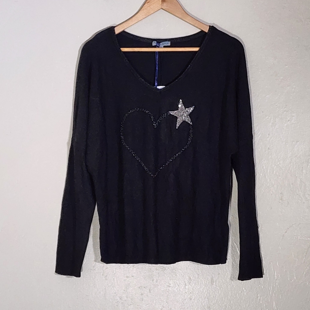 Tempo Paris Black Sweater with Heart and Star Design